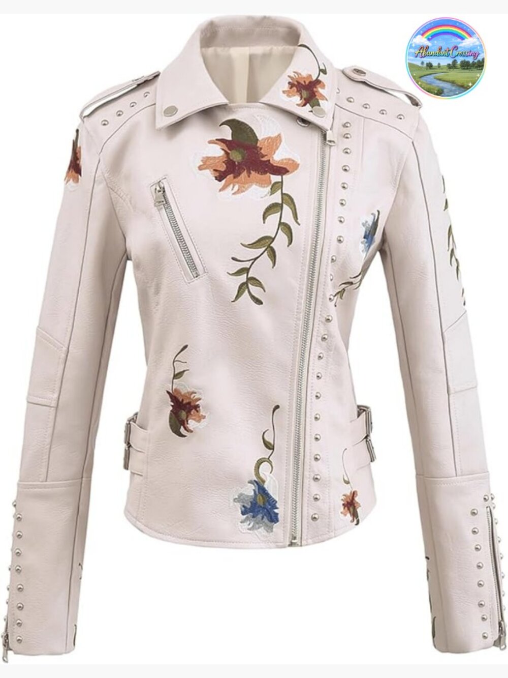 Embroidered Studded Faux Leather Moto Jacket Floral Punk Coat - Picture 1 of 6